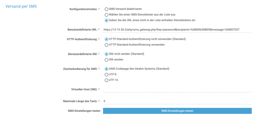 Configuration of the SMS gateway in PRTG